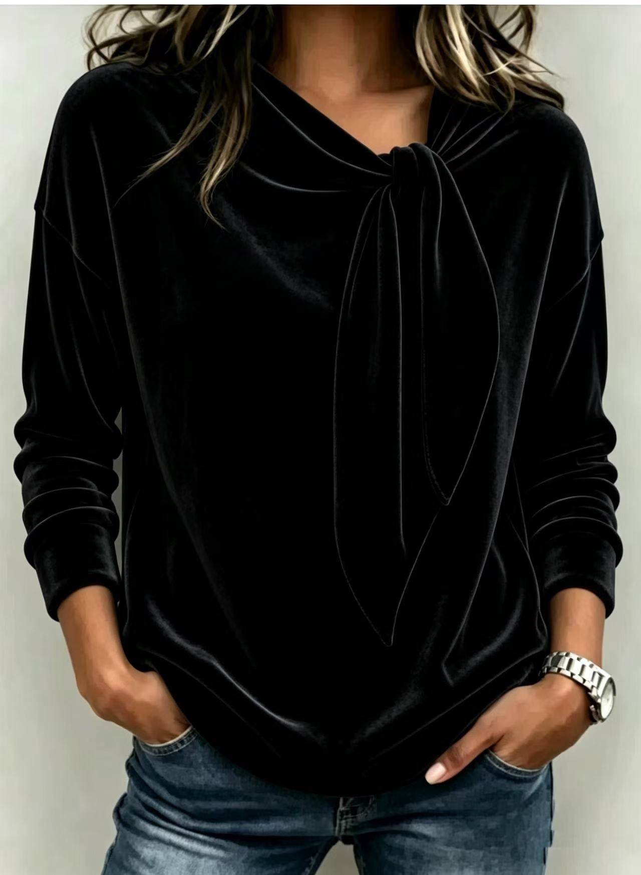 Solid Color Long Sleeve Bow Top – Loose Fit Scarf Collar
