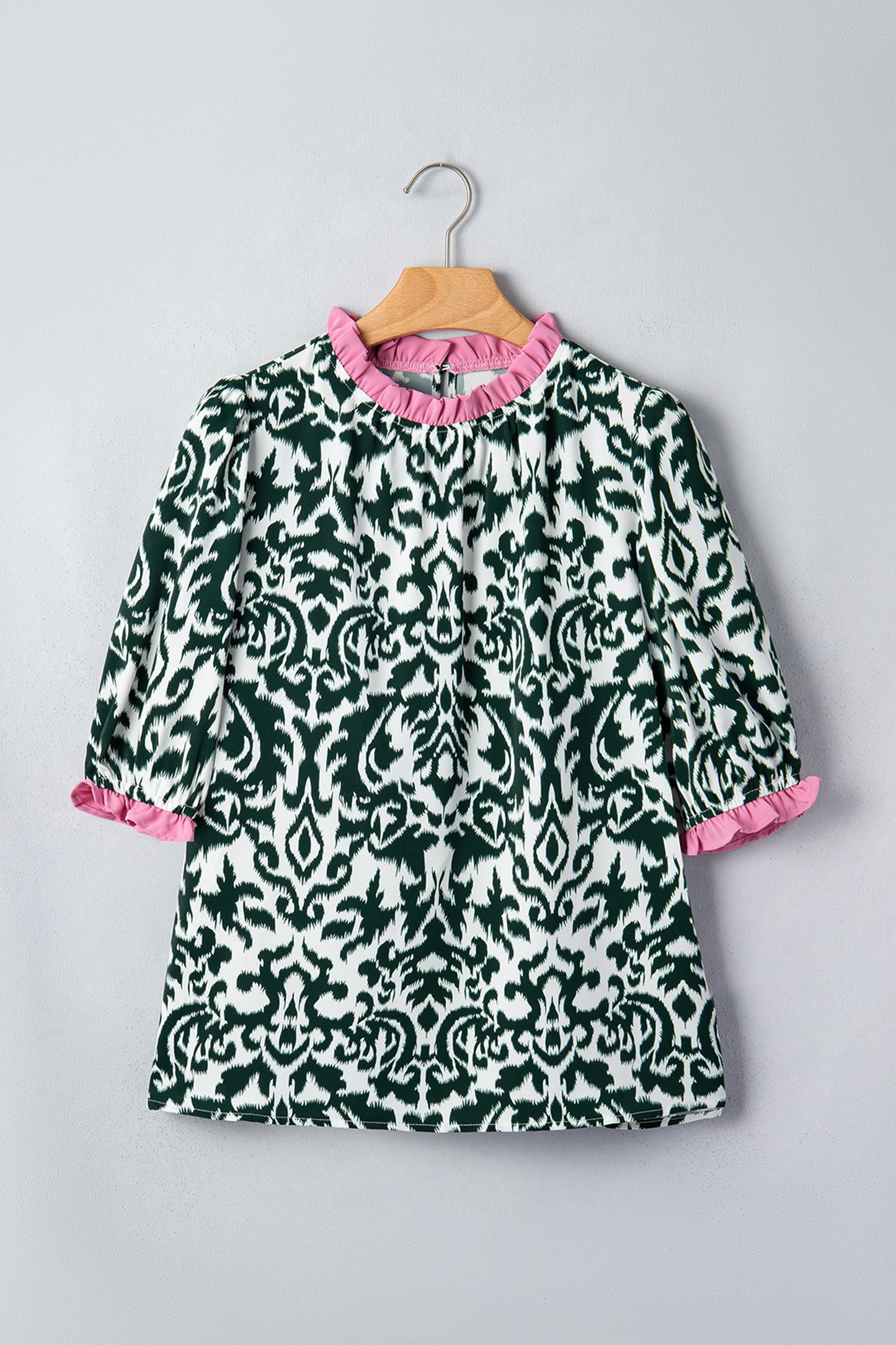 Damask Colorblock Ruffle Trim Short Sleeve Blouse