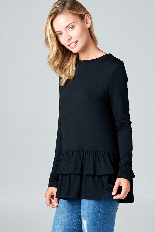 RUFFLE BOTTOM LONG SLEEVE ROUND NECK TUNIC TOP