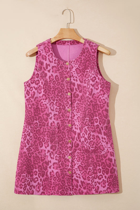Leopard Denim Buttoned Sleeveless Dress