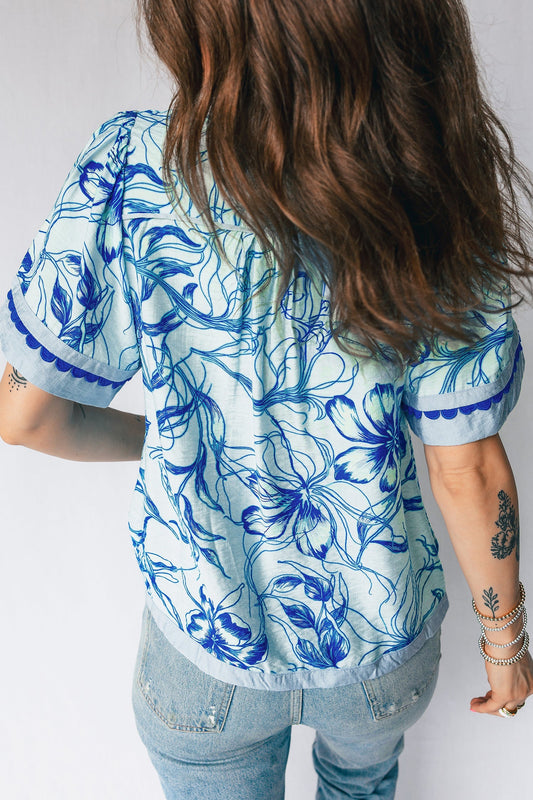 Floral Scalloped Ricrac Trim V-Neck Blouse