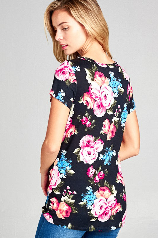 FLORAL PRINT TWIST BOTTOM TUNIC TOP