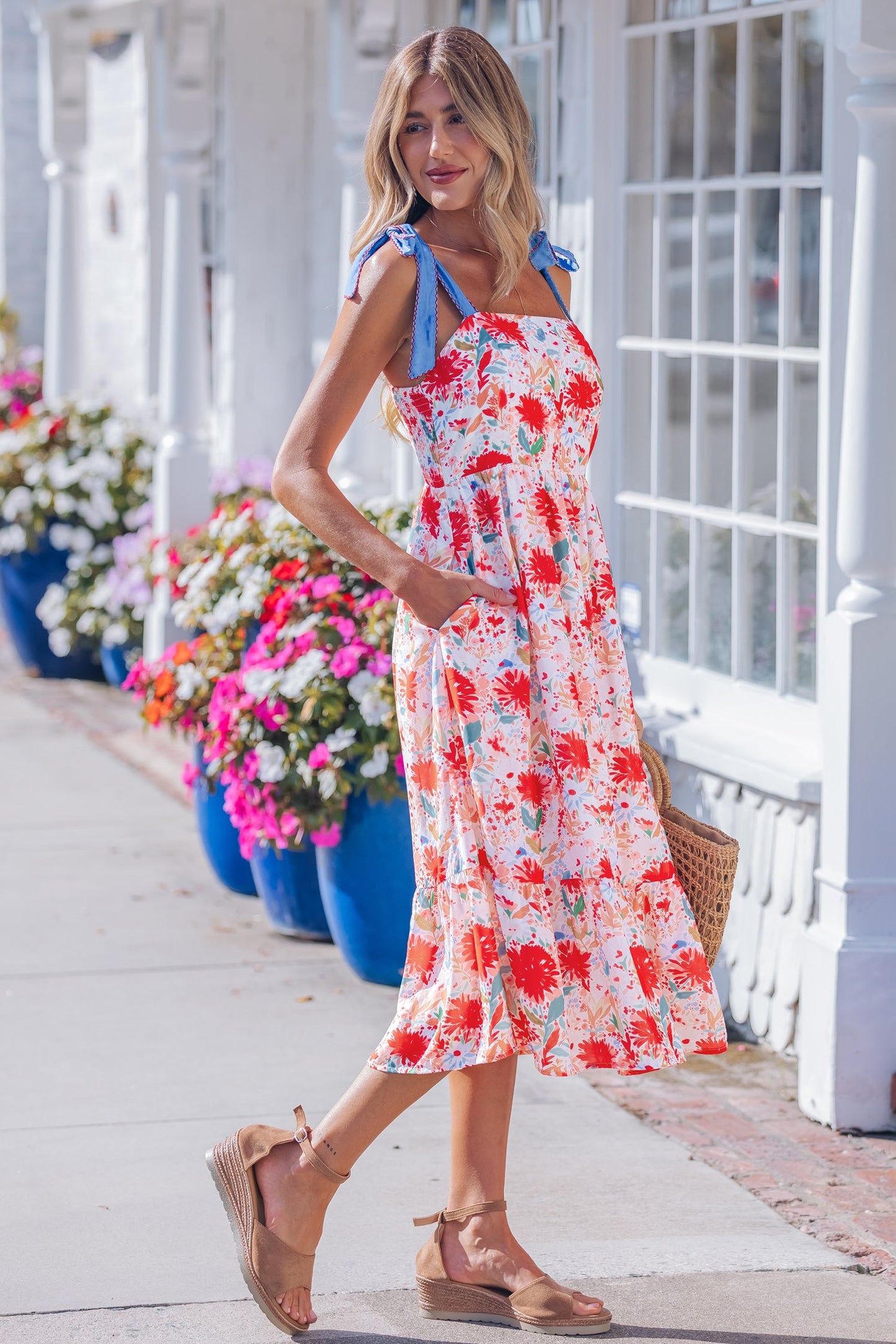 Floral Denim Tie Strap High Waist Maxi Dress