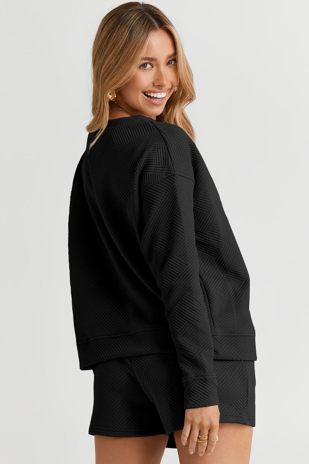 Textured Long Sleeve Top and Drawstring Shorts Set