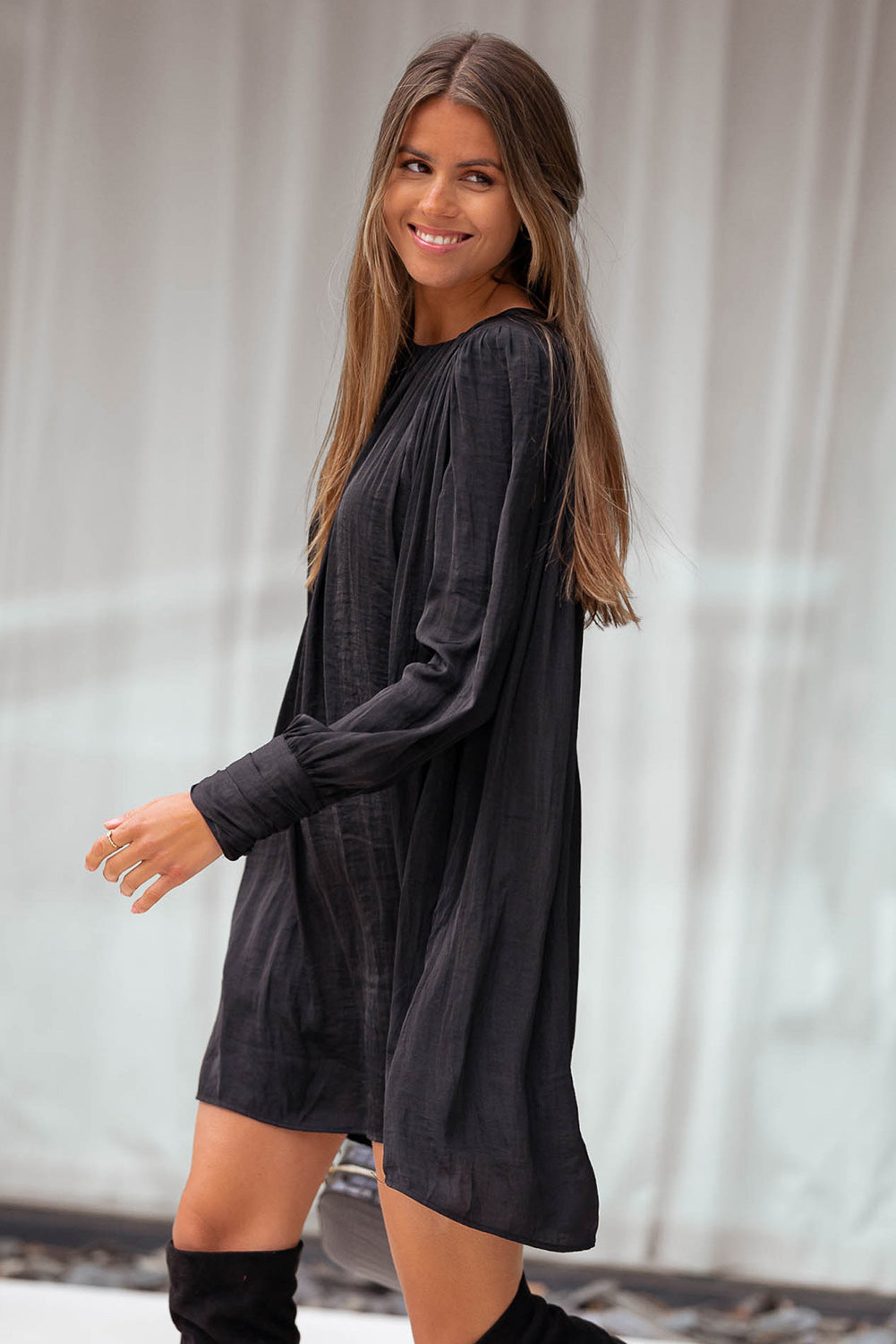 Rowan Solid Bishop Sleeve Pleated Mini Dress