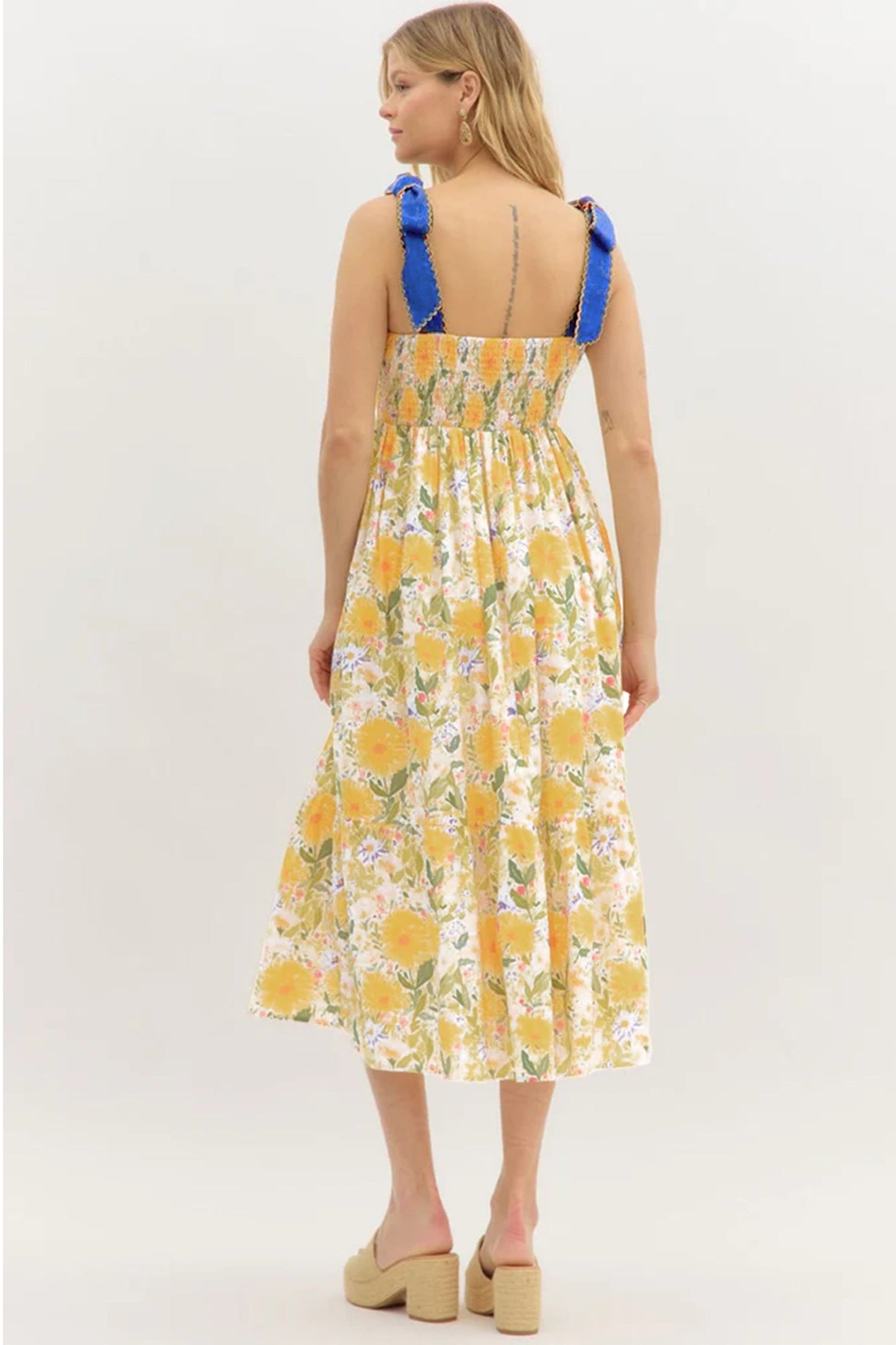 Floral Denim Tie Strap High Waist Maxi Dress