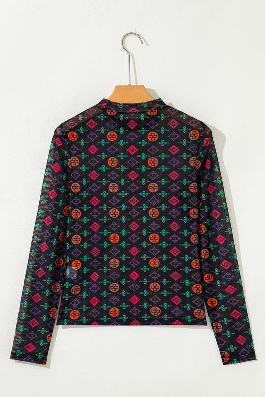 Western Aztec Mesh Long Sleeve Top