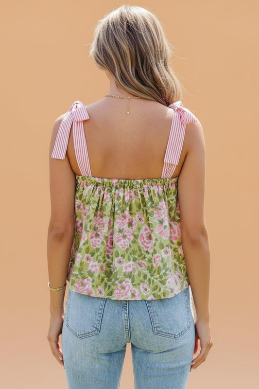 Floral Stripe Tie Strap Babydoll Tank Top