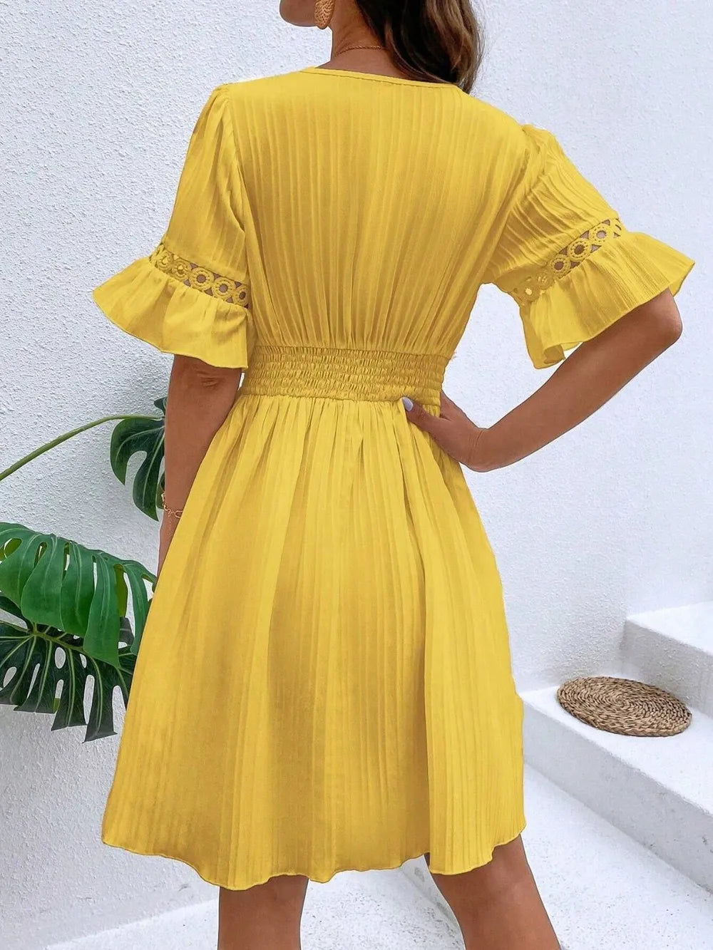 Cutout V-Neck Flounce Sleeve Mini Dress – Ruffled Lined Style