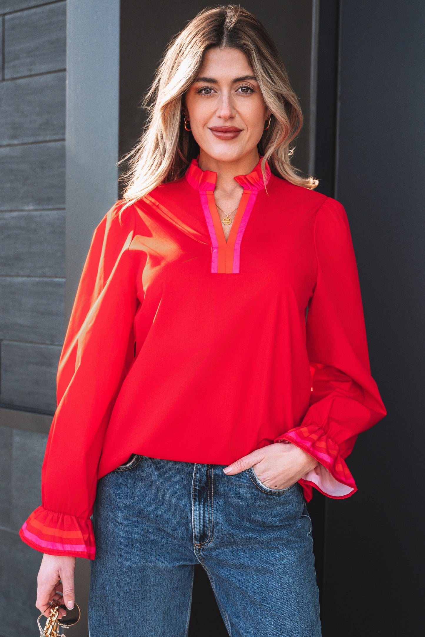 Stripe Trim Ruffle Split Neck Long Sleeve Blouse