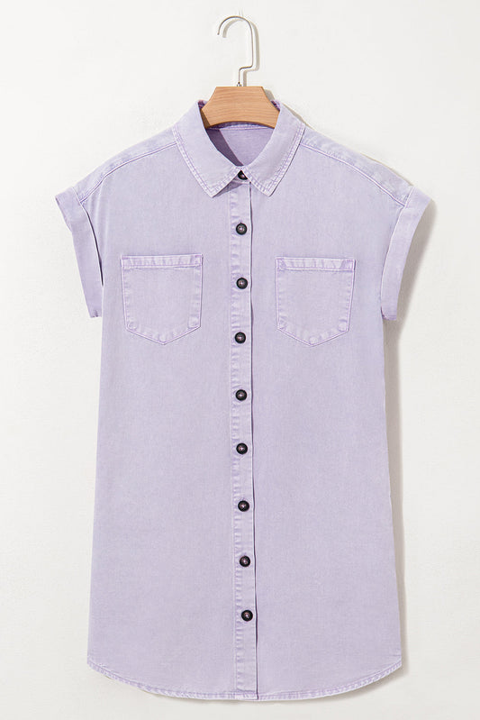 Denim Short Sleeve Double Chest Pocket Shirt Dress