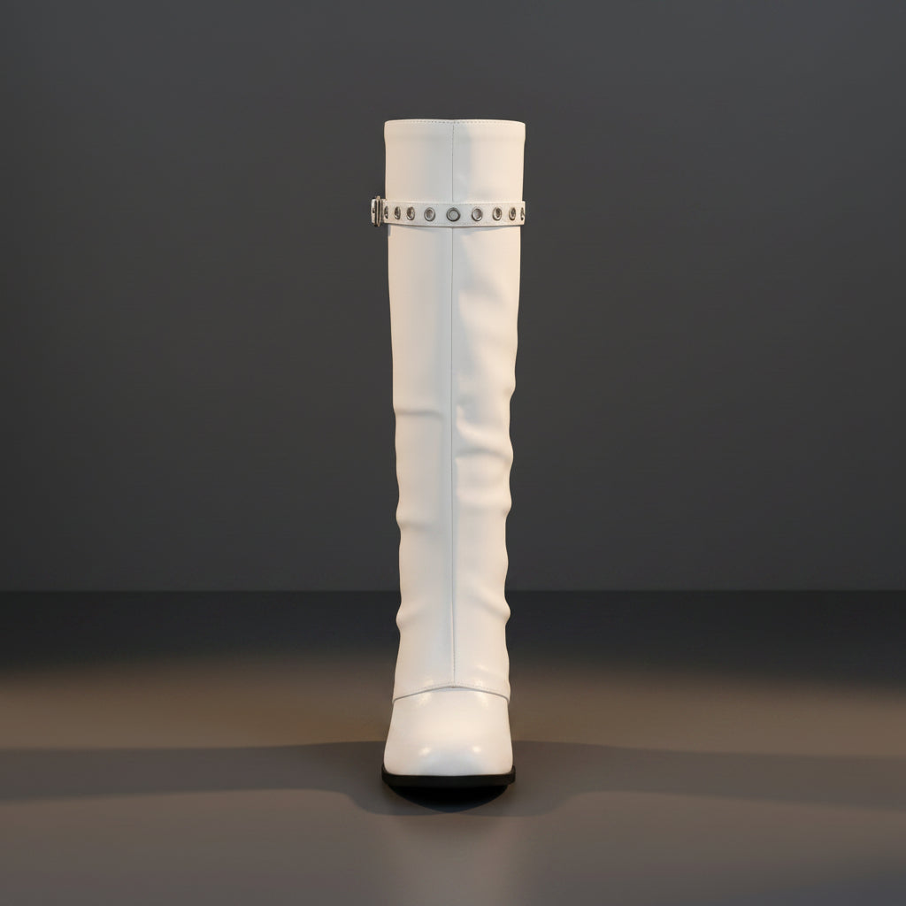 Women's Tall Knee-High Boots – Eyelet Buckle Strap Chunky Heel Slip-On