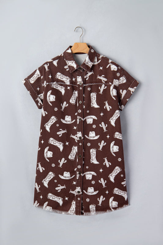 Western Cowgirl Cactus Raw Edge Denim Dress