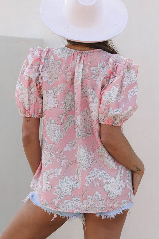 Cattleya Floral Drawstring V Neck Puff Sleeve Loose Blouse