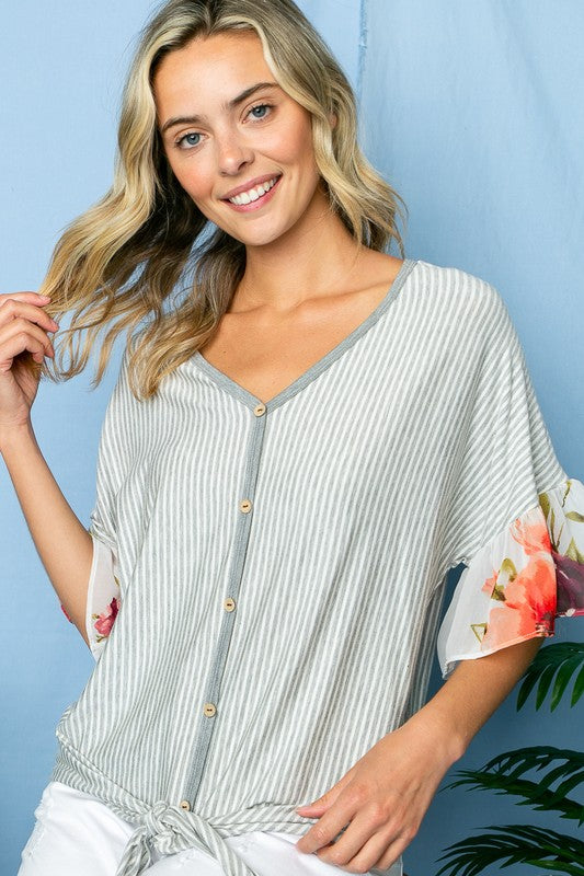 STRIPE FLORAL MIXED RUFFLE TOP