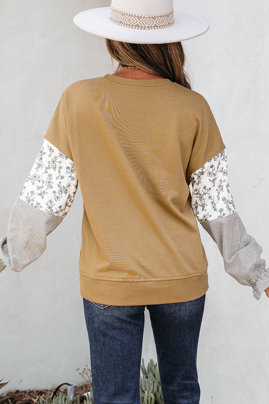 Floral Stripe Patchwork Ruffle Sleeve Crewneck Sweatshirt