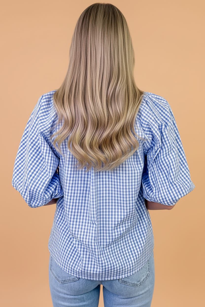 Plaid V-Neck Puff Sleeve Blouse