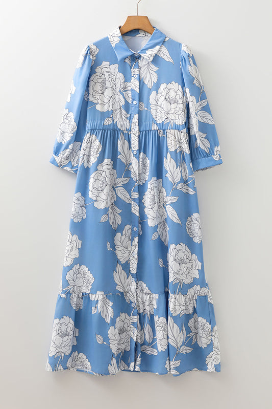 Floral Button-Front 3/4 Sleeve Ruffle Hem Dress