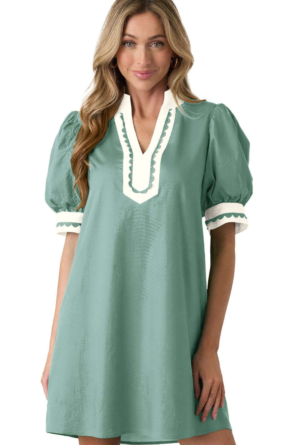 Scallop Trim Colorblock Puff Sleeve Mini Dress