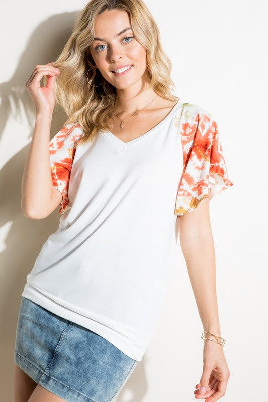 V NECK SHORT FLAIR SLEEVE TOP