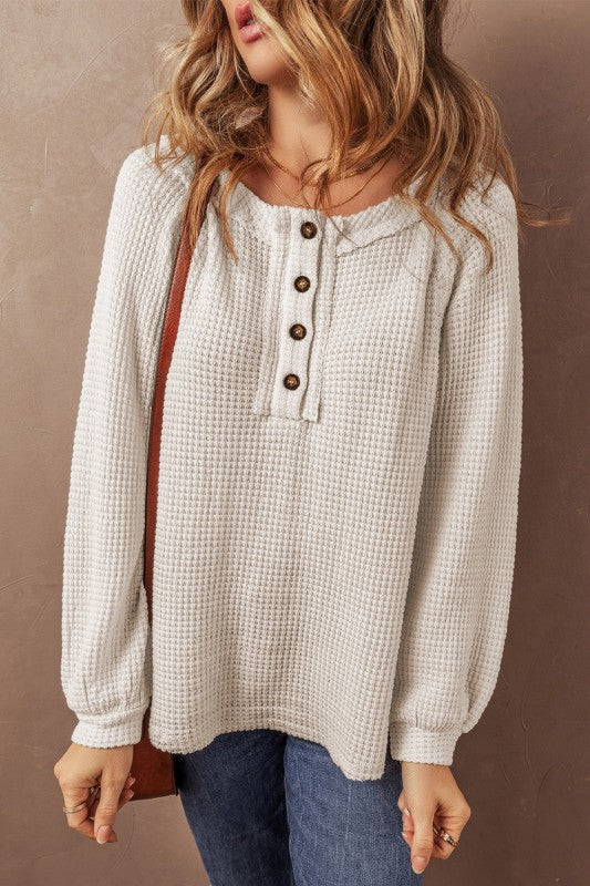 WAFFLE KNIT BUTTONED FRONT RAGLAN SLEEVE BLOUSE | MODERN EMPORIUM - Modern Emporium Boutique