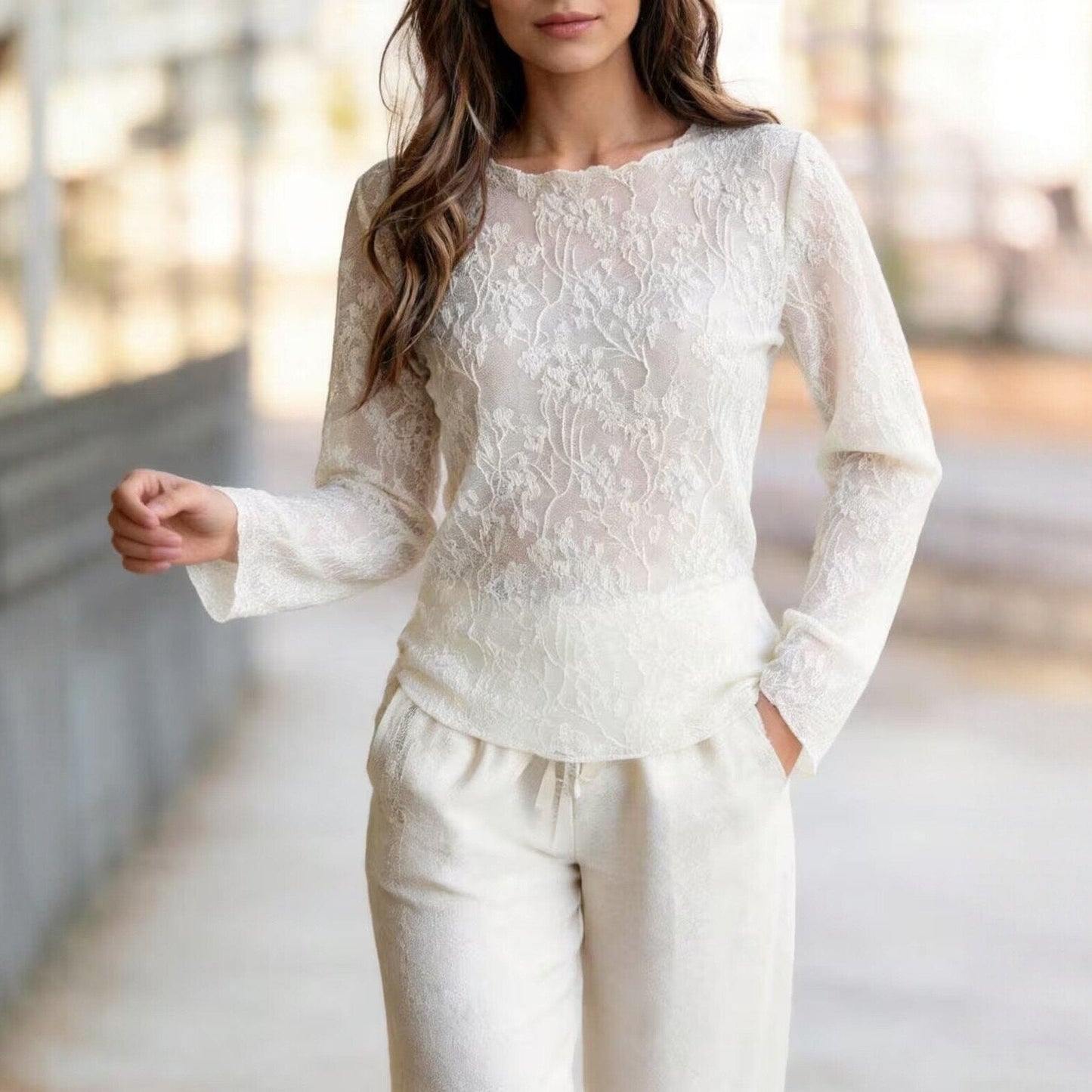 Women's Lace Trim Round Neck Long-Sleeve Top – Elegant Slim Fit
