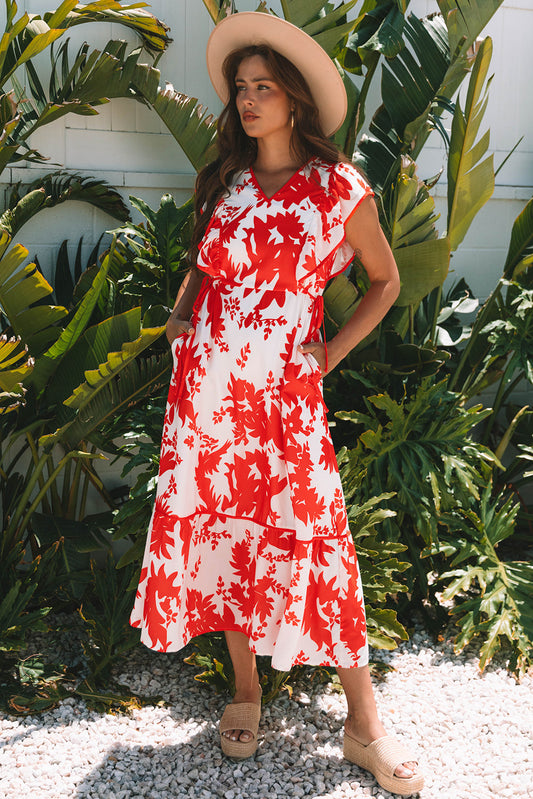 Scarlett Floral Trimmed V Neck Ruffle Sleeve Long Dress