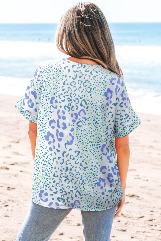 Marleigh Leopard Print V Neck Short Sleeve Blouse