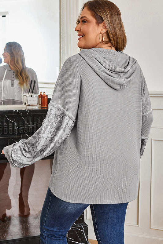 Plus Size Stripe Patchwork Waffle Half-Button Hooded Top