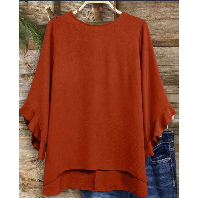 Women's Solid Color Loose Round-Neck Top – Ruffled Three-Quarter Sleeves