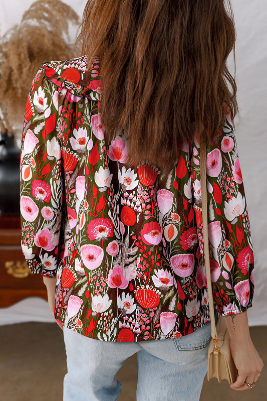 Floral 3/4 Sleeve Lace-Up Neck Blouse