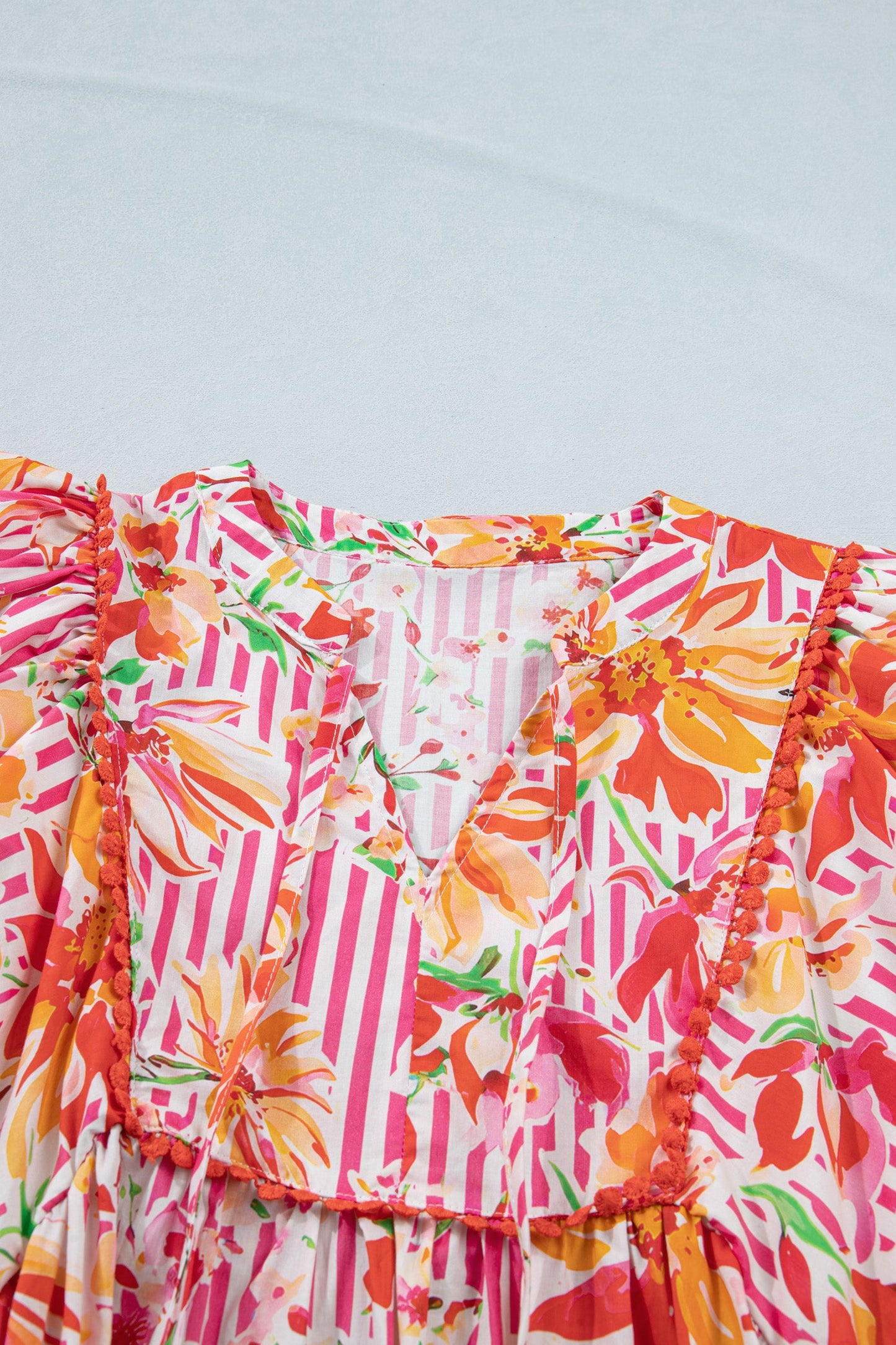 Floral Stripe Tie Neck Puff Sleeve Mini Dress