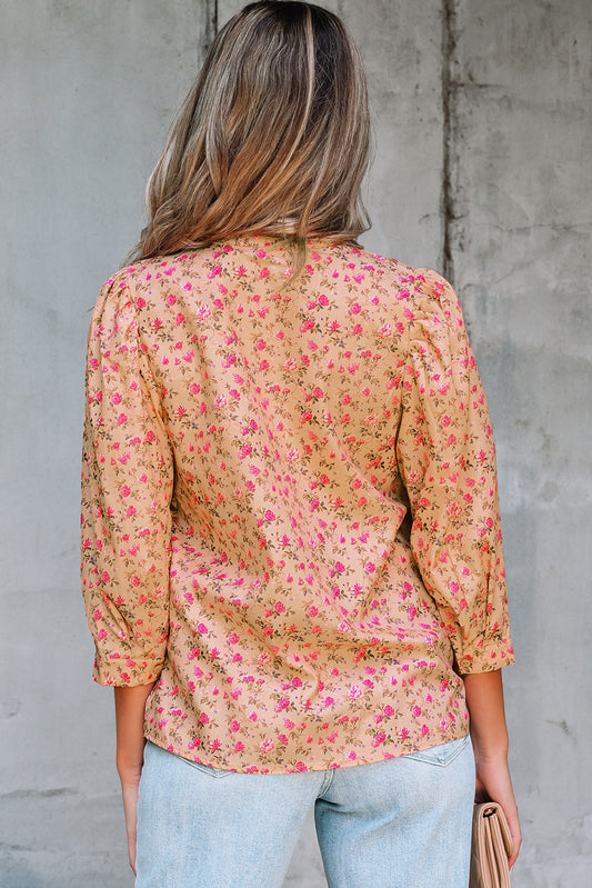 Sadie Floral Bow Pin-tuck Bust Half Puff Sleeve Blouse