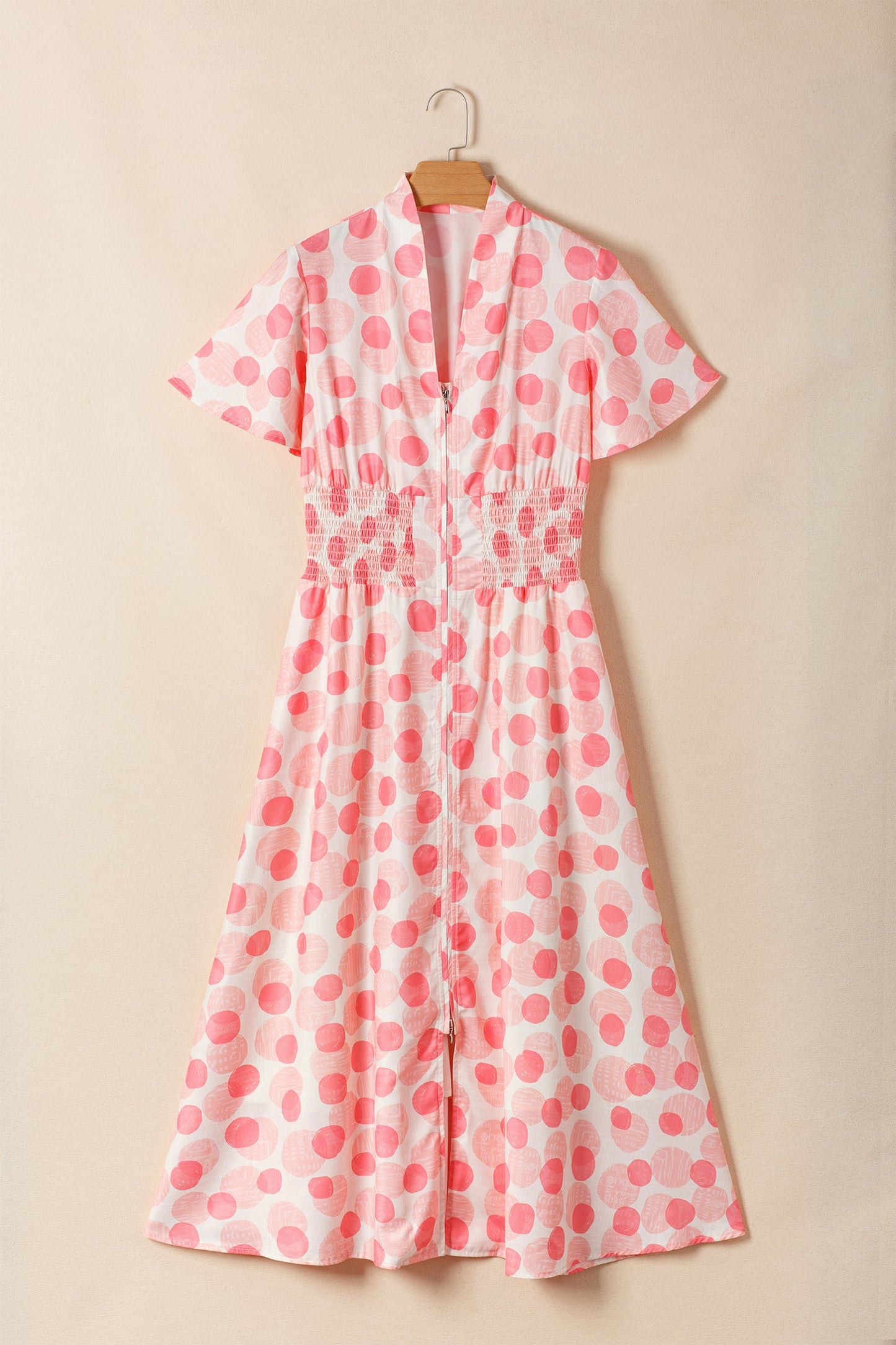 Polka Dot Ruffle Zip Up Short Sleeve Midi Dress