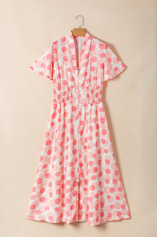 Polka Dot Ruffle Zip Up Short Sleeve Midi Dress