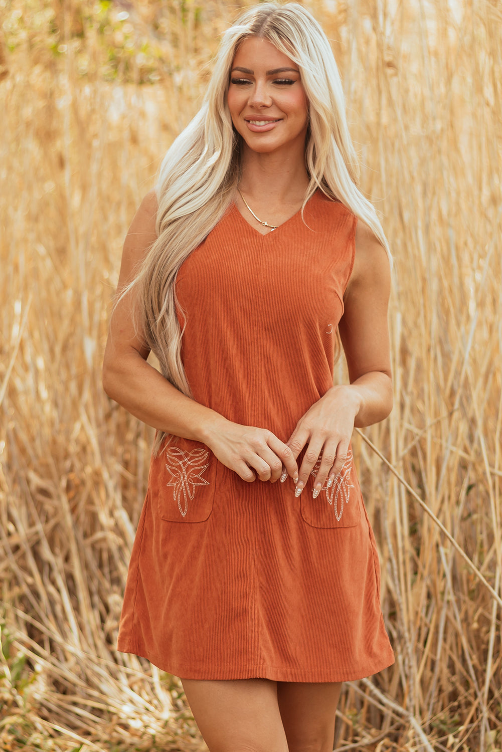 Molly Corduroy Western Embroidered Patched Pocket Mini Dress