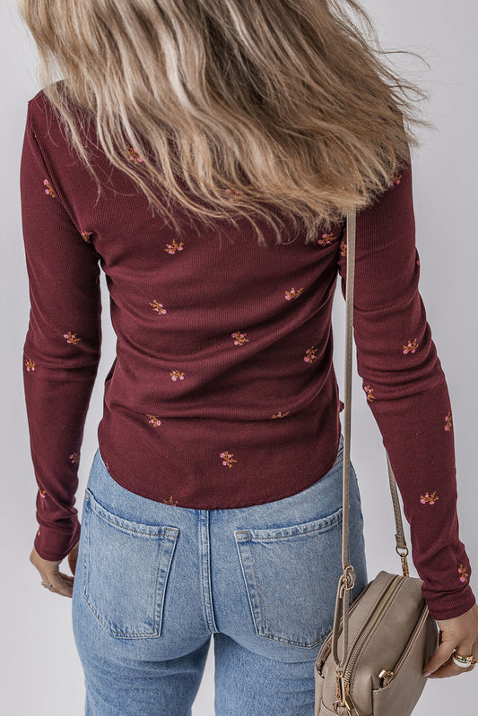 Floral Ribbed Notched Neck Long Sleeve Top