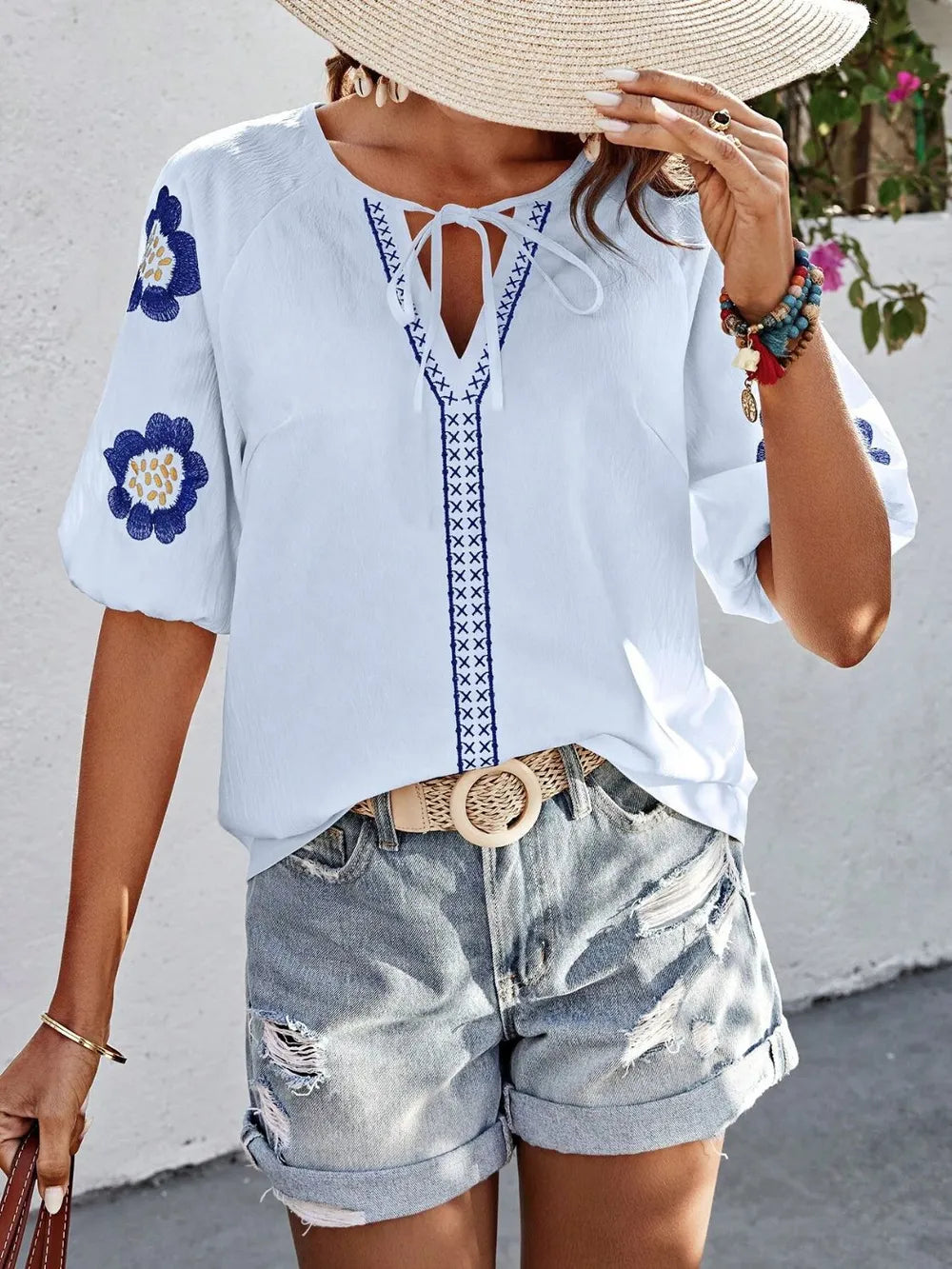 V-Neck Solid Color Loose Long Sleeve Top – Embroidered Tie Detail