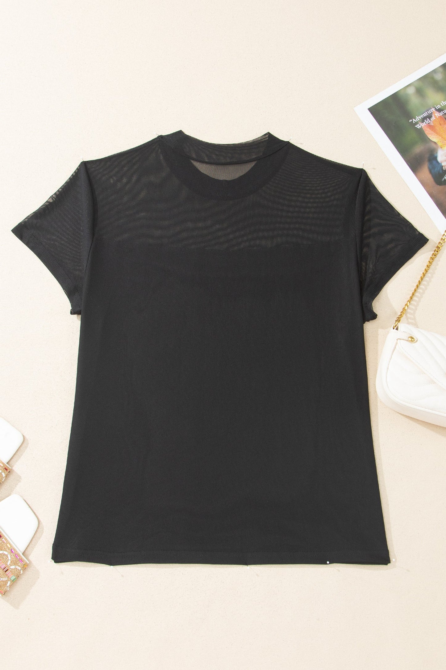 Plus Size Sheer Mesh Panel Short Sleeve Top