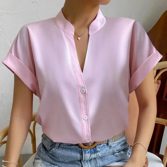 π§‘ Summer Women's Satin V-Neck Short Sleeve Shirt β Elegant Casual Wear