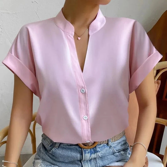 ๐งก Summer Women's Satin V-Neck Short Sleeve Shirt โ Elegant Casual Wear