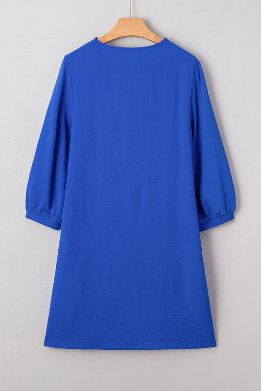 Solid Frilled V-Neck 3/4 Sleeve Mini Dress