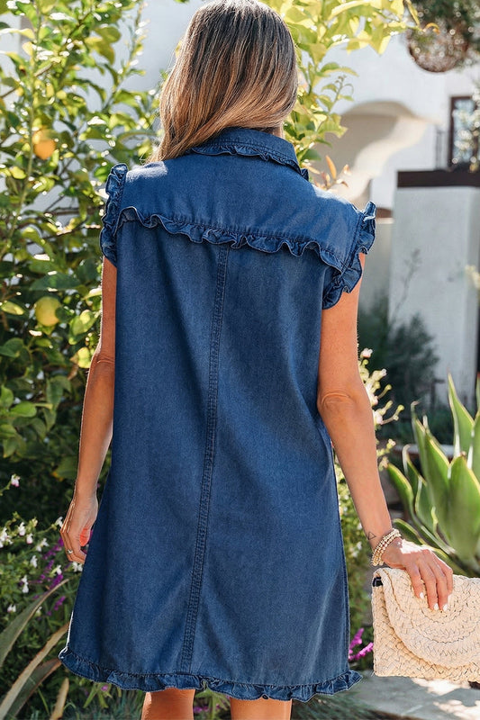 Denim Ruffle Edge Collared Button Up Dress