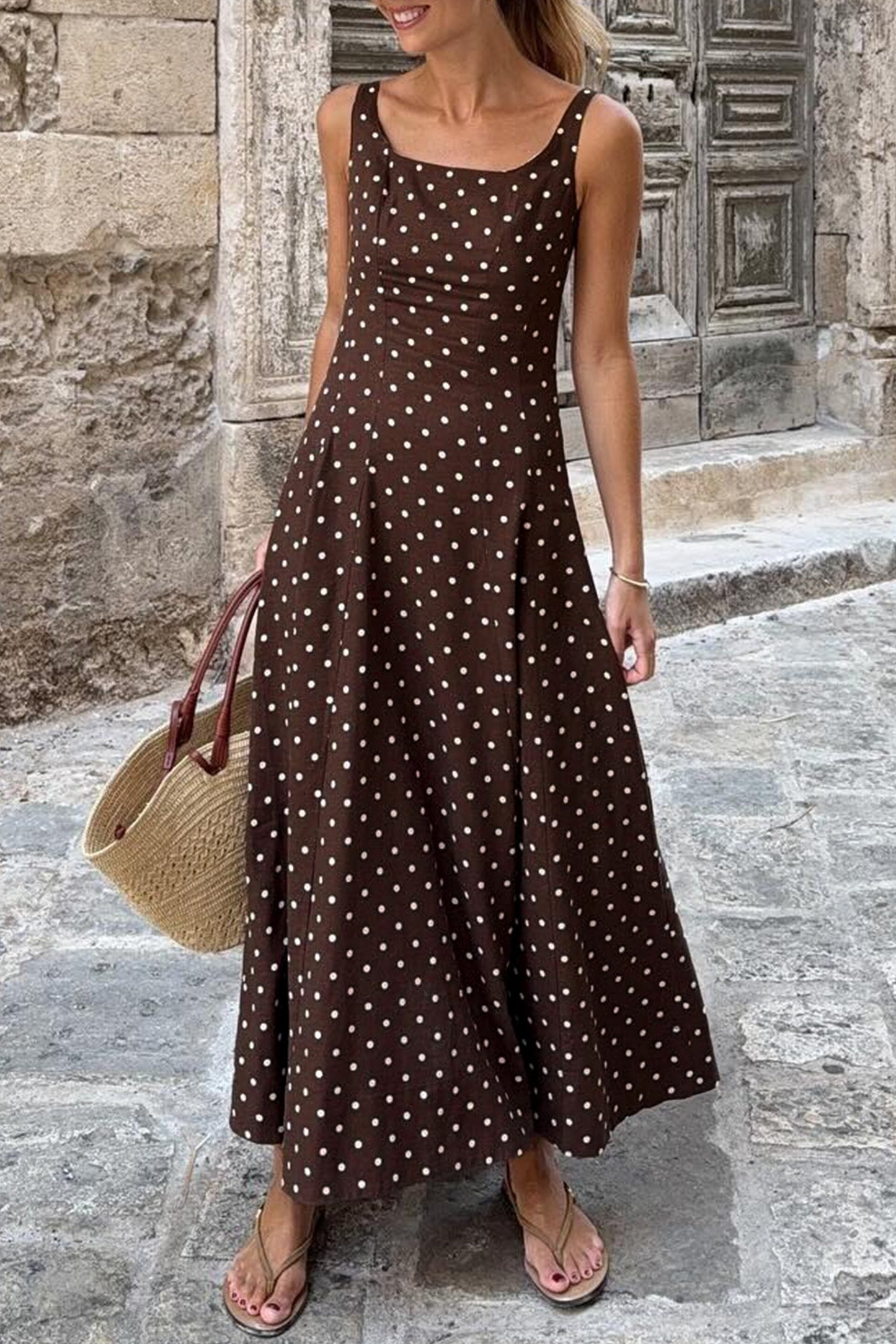 Polka Dot Square Neck Vacation Maxi Dress