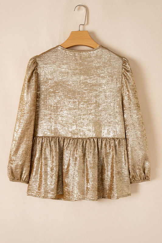 Metallic Tie Front 3/4 Puff Sleeve Peplum Blouse