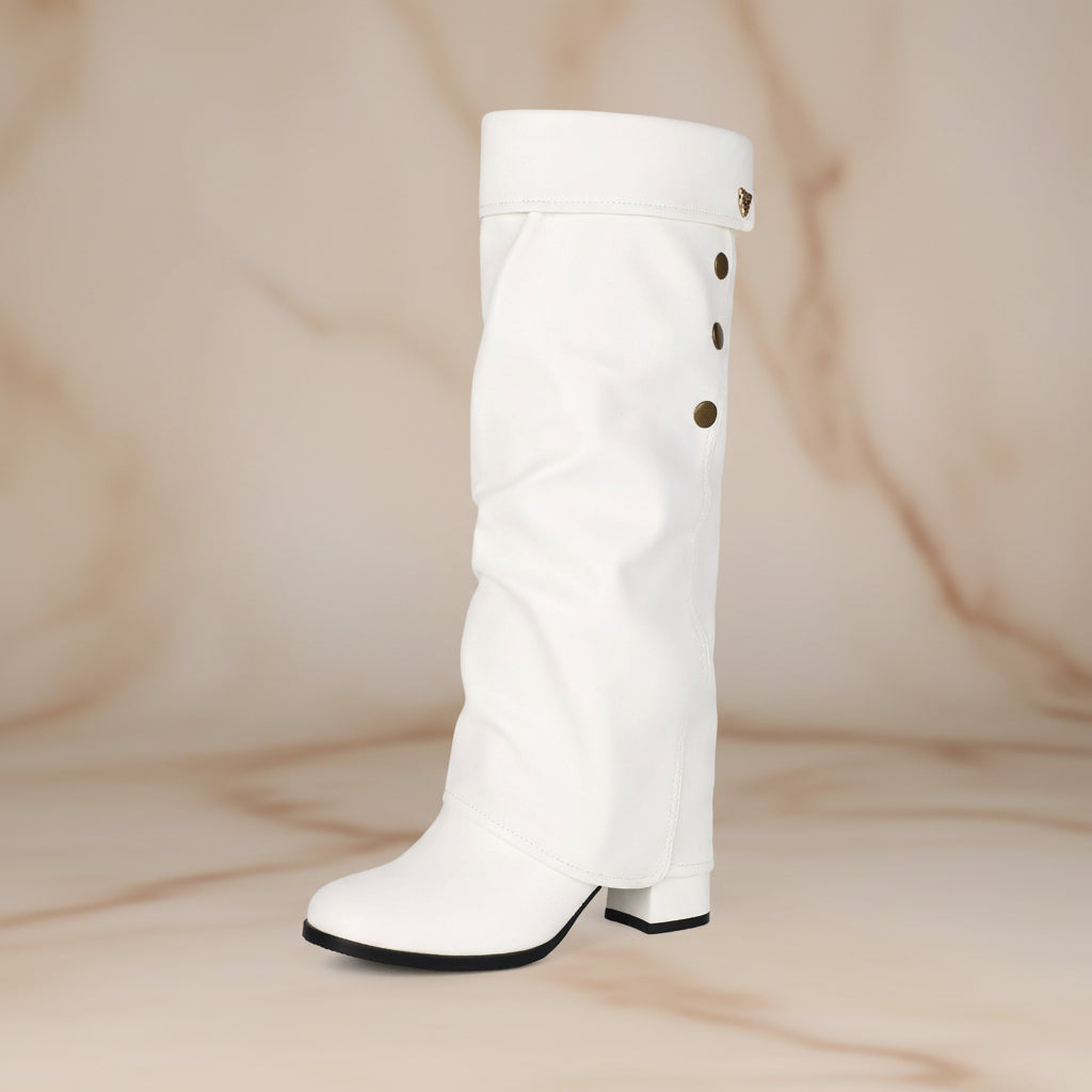 Women's Tall Fold-Over Cuff Knee-High Boots – Gold Stud Detail Chunky Heel