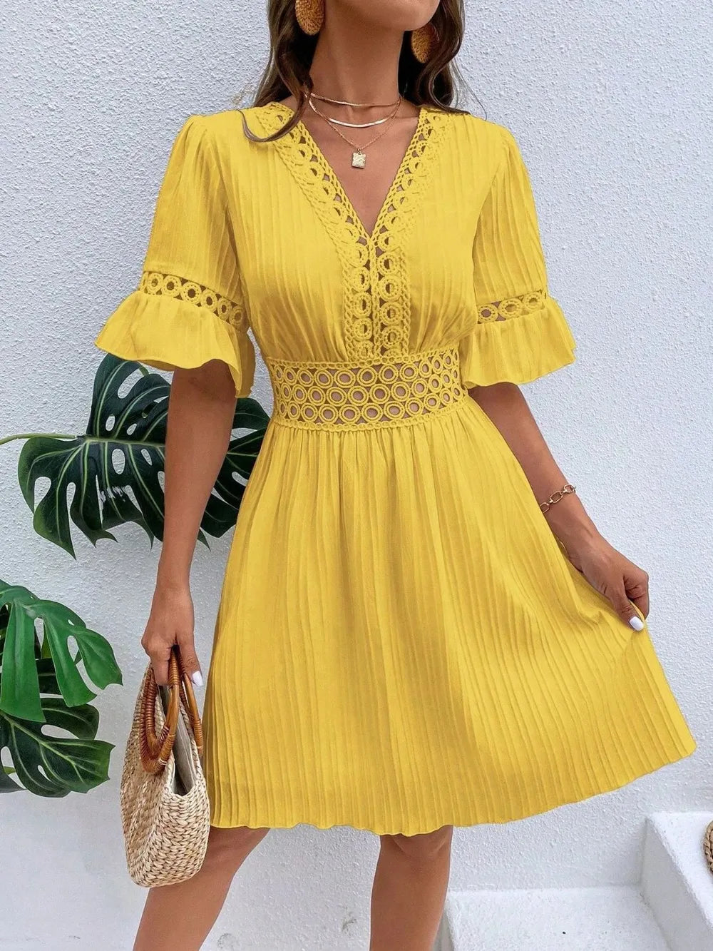 Cutout V-Neck Flounce Sleeve Mini Dress – Ruffled Lined Style