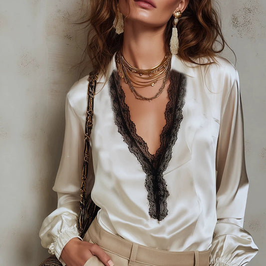 Women's V-Neck Black Lace Patchwork Lantern Sleeve Blouse