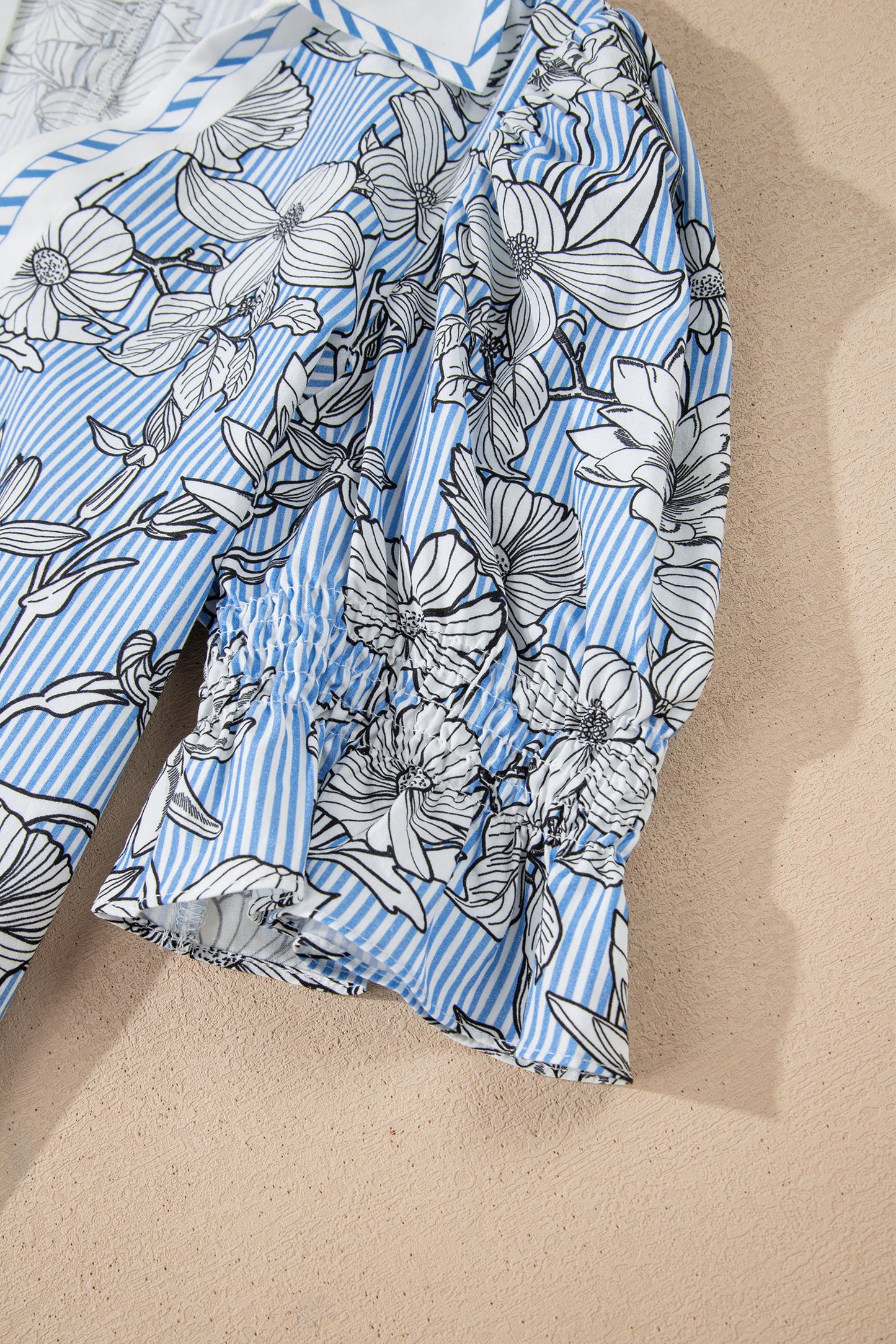 Floral Stripe Polo Collar Short Sleeve Blouse