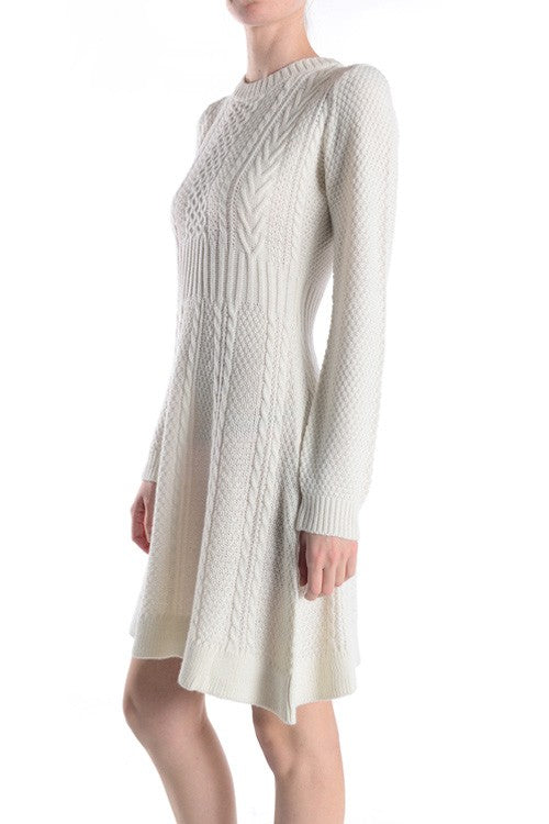 Cable Knit Round Neck Long Sleeves Flare Dress